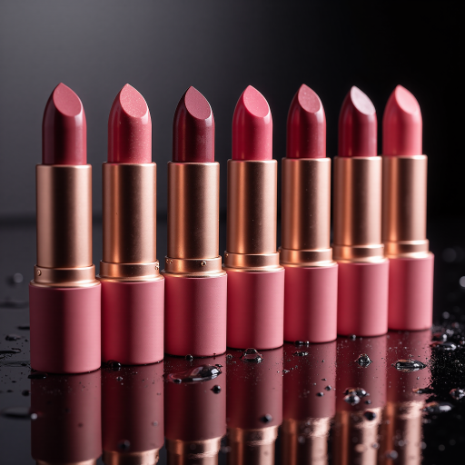 Colorful lipstick collection with various shades, arranged in rainbow pattern on elegant surface