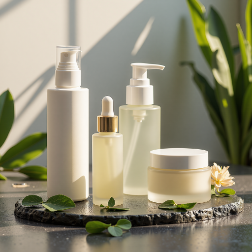 Complete skincare set with multiple bottles and jars, arranged elegantly on wooden surface