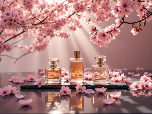 Romantic collection featuring soft pink and gold perfume bottles with rose petals, elegant presentation