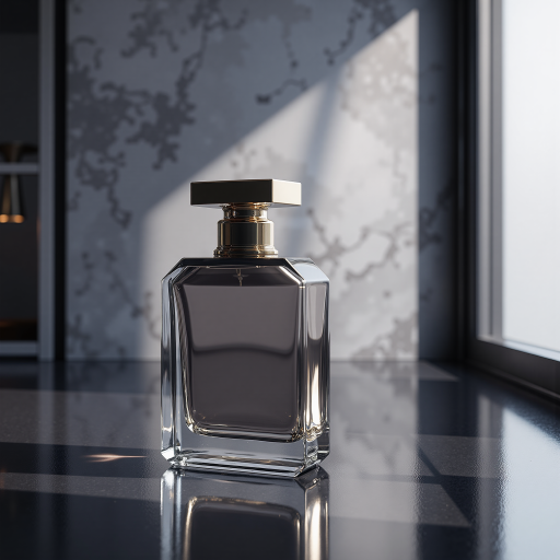 Dark purple midnight themed perfume bottle with mysterious lighting effect, placed on black surface