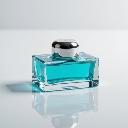 Blue ocean themed perfume bottle with crystal clear liquid, placed on white surface with natural lighting