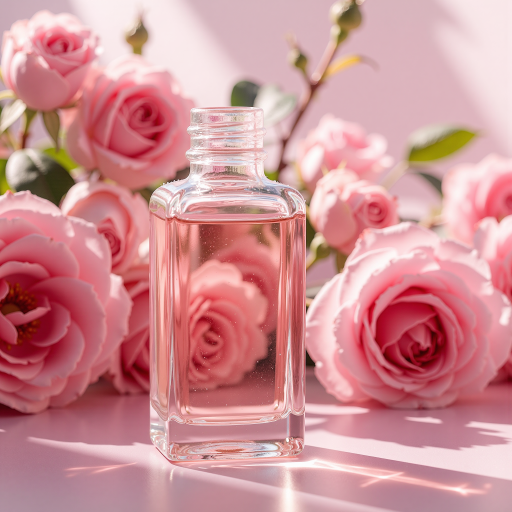 Light pink floral themed perfume bottle with delicate design, surrounded by fresh flowers